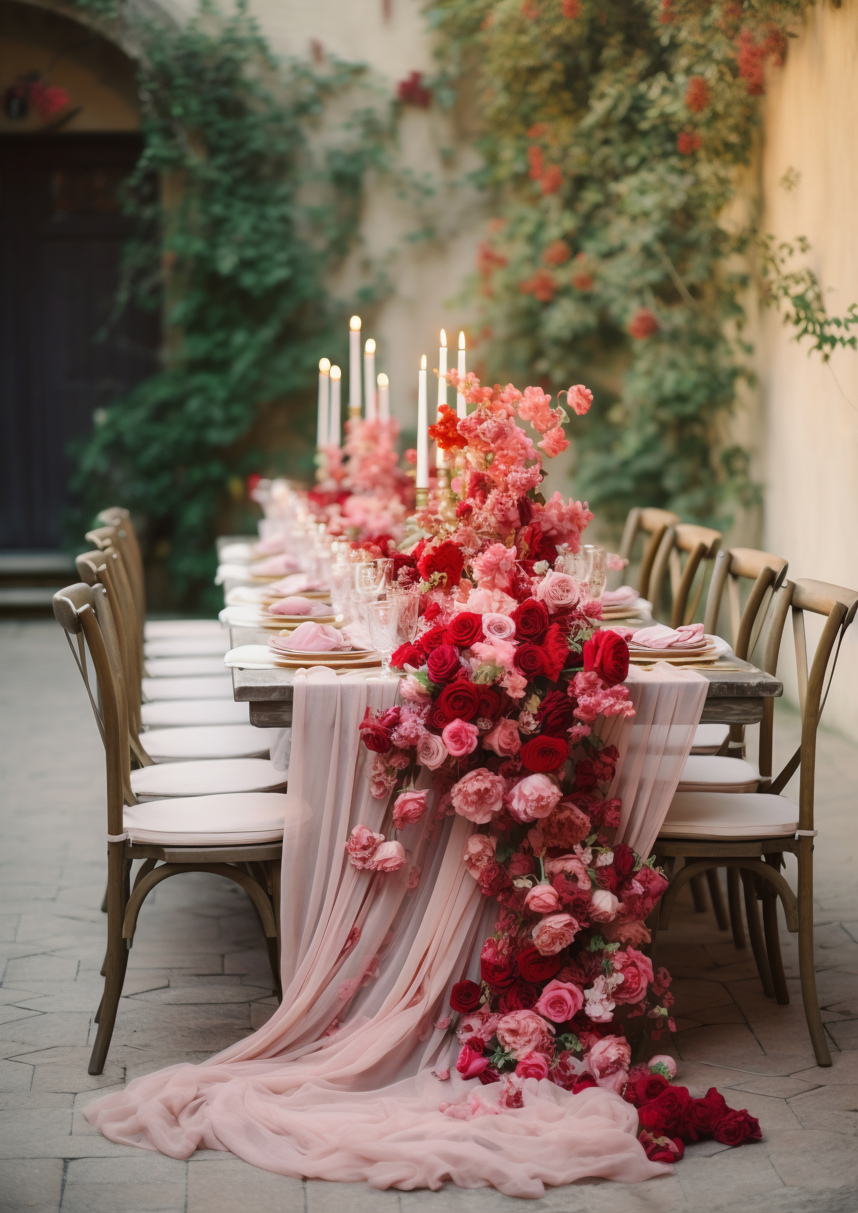 Elegantly decorated wedding table with pink and red floral arrangements