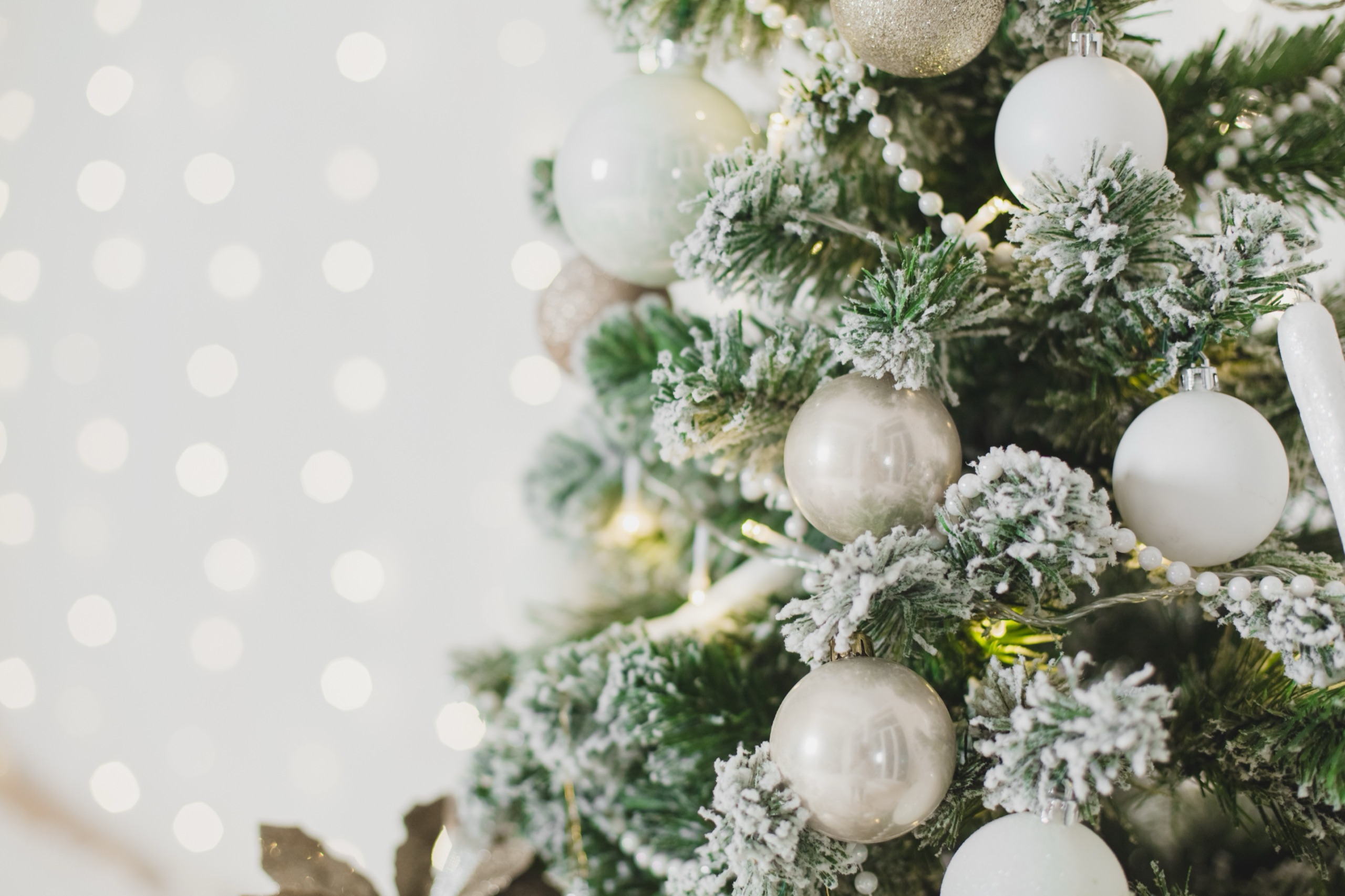 Snow-flocked branches with silver and white ornaments